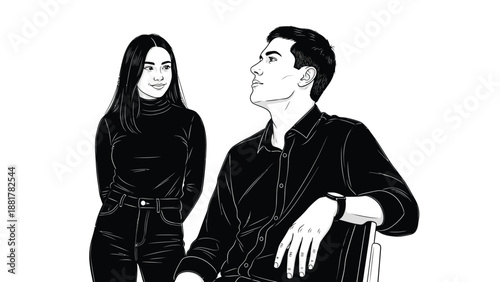Modern monochrome sketch capturing a confident man and a poised woman in casual attire