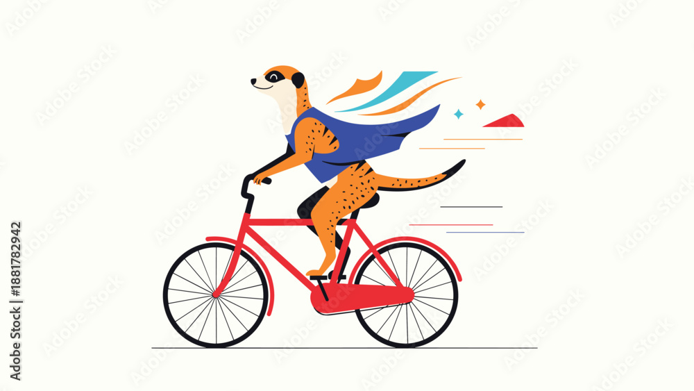 Obraz premium Fast meerkat wearing a blue cape and riding a red bicycle quickly through the air, symbolizing speed, bravery, and a fun heroic adventure.