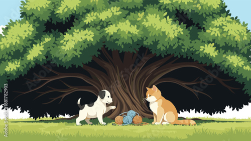 Small dog and cat playing together with colorful balls of yarn on the grass under the shade of a massive green tree in a peaceful garden setting.