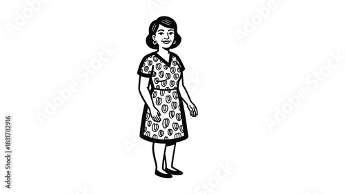 Charming black and white illustration of a woman in a patterned dress standing with a gentle smile