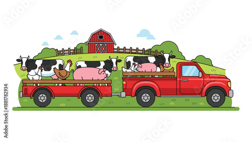 Red farm truck with a trailer carrying cows, pigs, and chickens past a green field and a red barn during a busy day on a countryside farm.