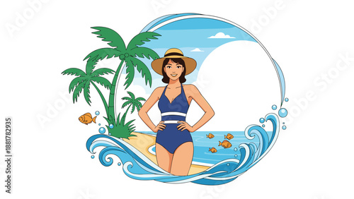 Woman wearing a blue swimsuit and sun hat posing on a tropical beach within a decorative frame featuring palm trees, ocean waves, and fishes.