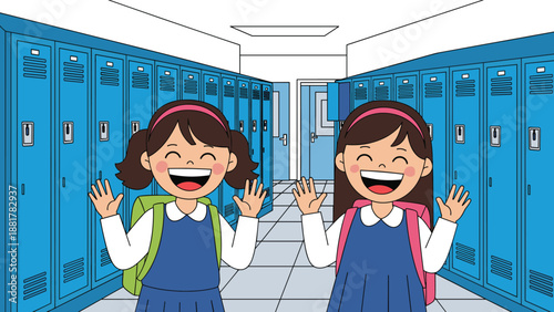 Two young schoolgirls laughing and waving their hands in a hallway filled with blue lockers, showing excitement and joy for their school day.