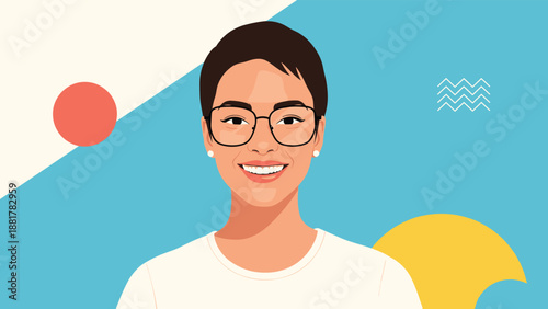Friendly young woman with short dark hair and wearing glasses, smiling brightly against a modern abstract background with geometric shapes.