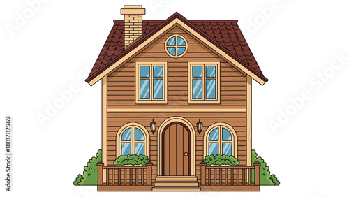 Traditional two-story wooden house with a brown roof and a small chimney, featuring windows with blue glass and decorative bushes outside.