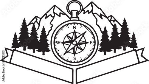 compass, adventure, guidance, compass, illustration, mountains, pine tree, directio mountain and pine trees, conveying the spirit of exploration and adventure. 