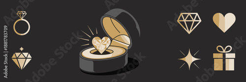 Elegant heart diamond ring box flat vector illustration - Perfect for jewelry stores, romantic social media posts, or luxury gift cards.