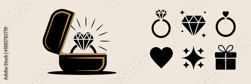 Minimalist black and gold ring box with heart gem vector - Great for elegant branding, romantic gift shops, or sophisticated web design.