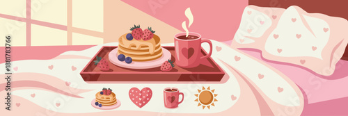 Breakfast in bed with heart patterns – Perfect for Valentine's Day cards, menu designs, or social media.