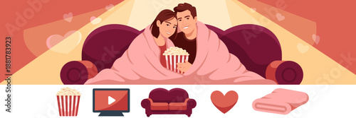 Cozy movie night scene with romantic icons – Great for lounge furniture branding, streaming promotions, or holiday staycations.