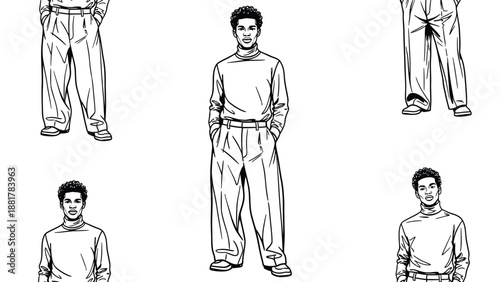 Monochromatic fashion illustrations of stylish men in wide-leg trousers and turtlenecks