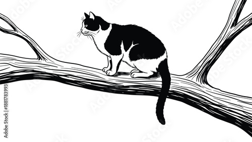Striking monochrome illustration of a curious black and white cat perched on a textured tree branch