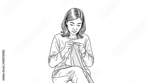 Focused woman engaged in detailed needlework and fabric manipulation with a calm expression