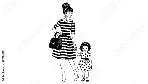 Chic mother and daughter in matching patterned outfits striking a pose with a handbag