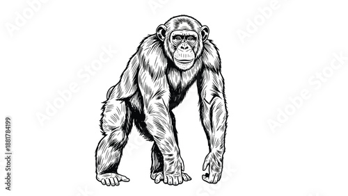Detailed ink sketch of a chimpanzee in a forward-facing stance on a white background