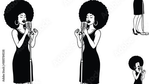 Vintage Soulful Singer with Afro Hairstyle and Retro Microphone Performing on Stage