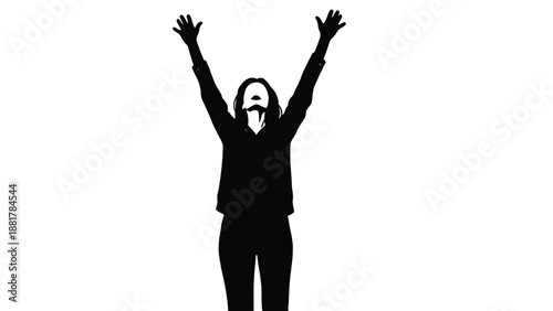 Empowered silhouette of a person with arms raised in triumph and jubilation against a white