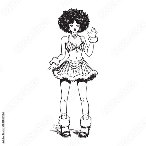 Hand drawn of pinup african american woman wear bikini Vector black vintage engraving isolated on white