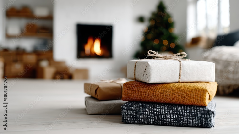 Obraz premium A cozy holiday scene featuring beautifully wrapped gifts stacked by a roaring fireplace, with a decorated Christmas tree in the background, evoking festive warmth and cheer.