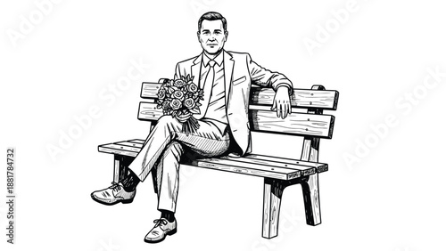 Groom waiting with flowers on a park bench in a sophisticated sketch style illustration
