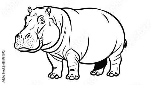 Detailed line art illustration of a majestic hippopotamus standing tall against a white background