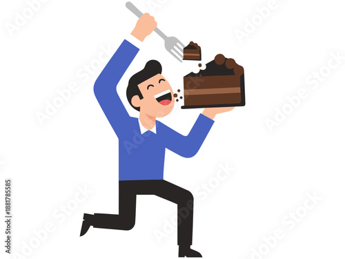 A man joyfully devours a chocolate cake, expressing pure delight. Vibrant colors and dynamic action create a fun, appealing image for commercial use.