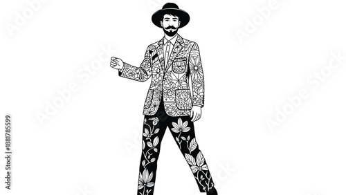 Whimsical individual in intricately patterned attire striking a pose against a plain backdrop