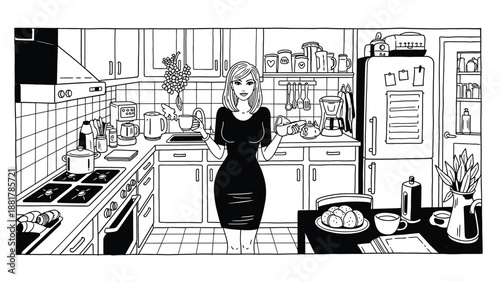 Stylish woman in a meticulously detailed kitchen enjoying a morning coffee break