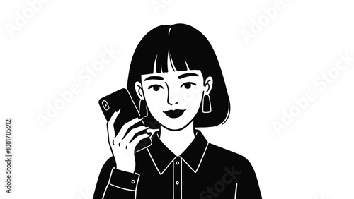 Modern minimalist illustration of a young woman in conversation on her smartphone holding the