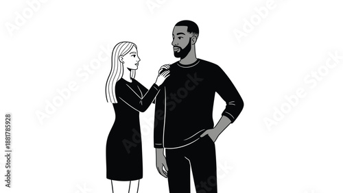 Diverse couple in monochromatic style sharing a tender moment of connection and support