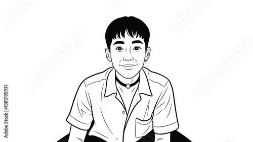 A stylized black and white portrait of a young individual with a subtle smile and distinctive