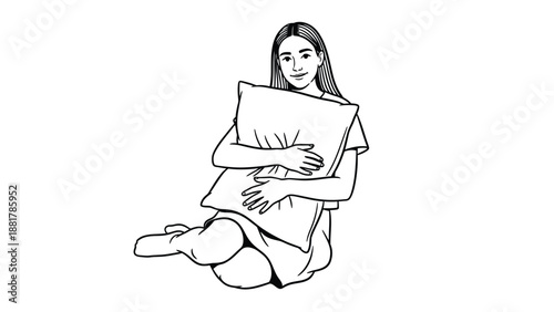Young woman holding a large cushion with a tender embrace and gentle smile a depiction of comfort