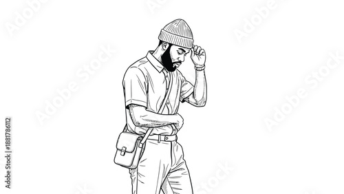 Stylized sketch of a pensive man in casual attire with a shoulder bag and beanie