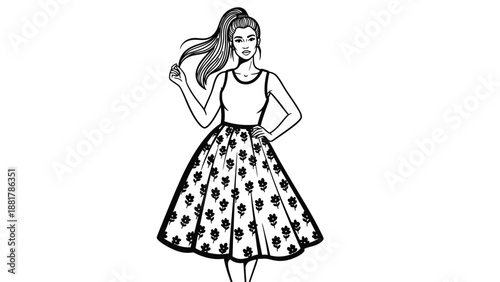 Elegant illustration of a stylish woman in a floral patterned dress and high ponytail hairstyle