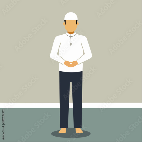 Muslim Man Praying (Salah/Salat) Standing Pose in Qiyam Position. Flat Vector Illustration of Islamic Worship and Religious Ritual.