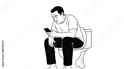 Man engrossed in smartphone while seated on a toilet illustrating modern habits and digital