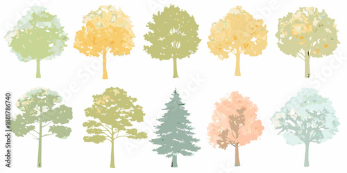 A collection of stylized trees in varying shapes and autumnal hues