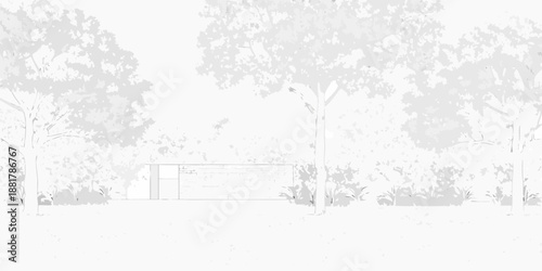 A minimalist building structure stands amidst a backdrop of trees and foliage