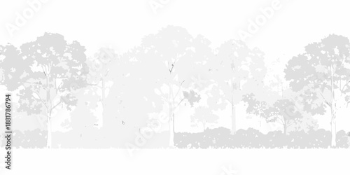 A grayscale silhouette of a dense forest with tall trees and foliage