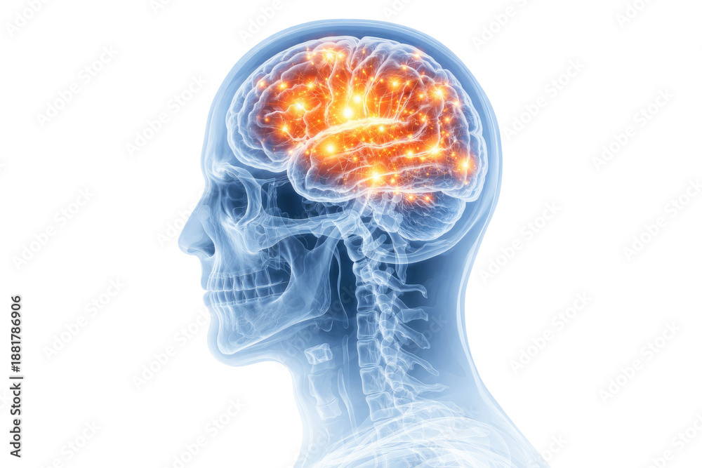 Obraz premium Human brain activity visualization inside transparent head anatomy showing neural signals and cognitive function medical illustration isolated on white background