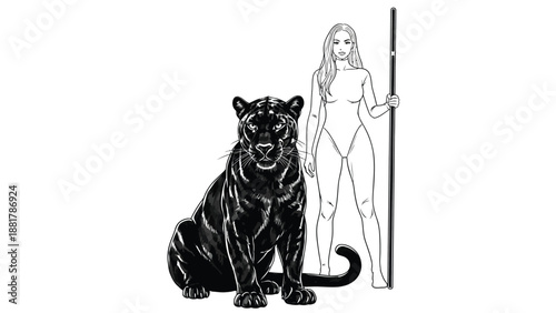 Striking illustration of a woman standing with a black panther and holding a staff