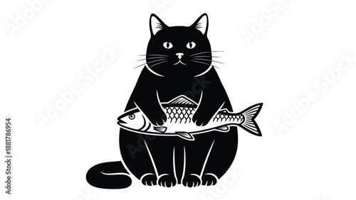 Charming black cat illustration playfully holds a fresh fish in its paws against a white background