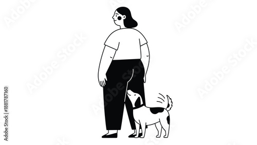 Whimsical illustration of a playful dog peeking out from behind a person's legs