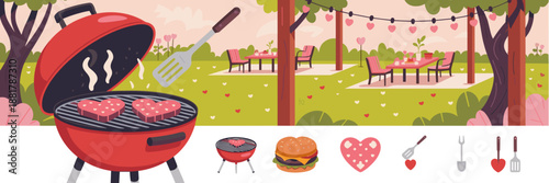 Backyard Valentine BBQ with heart burgers and grill icons