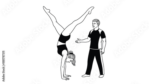 Gymnast performing a handstand with a coach spotting her during practice session