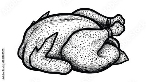 Hand Drawn Black And White Sketch Of A Whole Roasted Chicken Ready To Eat