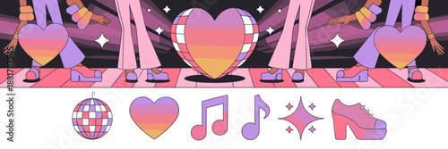 Vintage style Valentine disco party with mirror ball heart icons