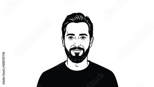 Stylized Black and White Portrait of a Bearded Man with a Friendly Smile