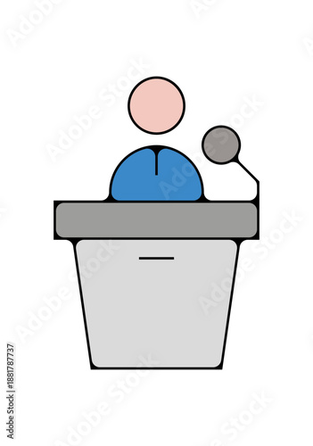 Icône colorée d'orateur au pupitre avec microphone, conférence et discours, style flat vectoriel