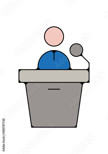 Icône colorée d'orateur au pupitre avec microphone, conférence et discours, style flat vectoriel